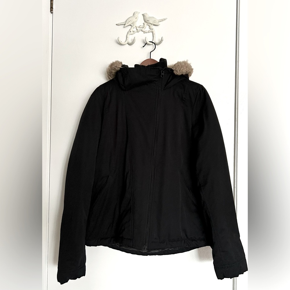 Black Hooded Jacket with Faux Fur Trim